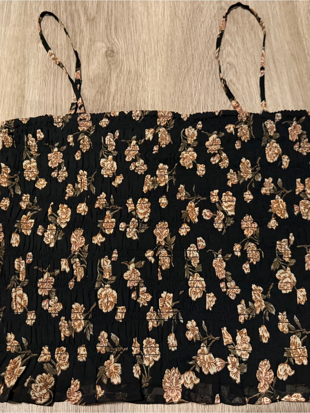 American Eagle Outfitters Black Floral Smocked Cami with Cream and Tan Print